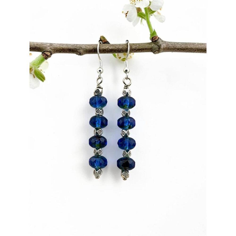 Czech Bohemian Glass Earrings Cobalt Blue Sterling Silver Long Dangle